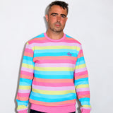A man wearing a vibrant, multicolored horizontally striped crewneck sweatshirt with a small pink logo on the chest, set against a plain white background.