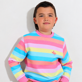 A young boy wearing a pastel rainbow striped long-sleeve crewneck sweatshirt with a small The AG pink logo on the left chest, standing against a plain white wall.