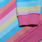 Close-up of a pastel striped garment, showing a ribbed pink cuff with horizontal bands of light blue, pale yellow, lavender, pink, and coral.
