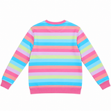 A children's long-sleeve crewneck sweatshirt shown from the back, featuring horizontal pastel stripes in pink, light blue, yellow, green, and lavender with solid pink ribbed collar, cuffs, and hem.