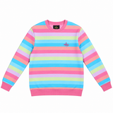 A long-sleeve crewneck sweatshirt with horizontal pastel stripes in pink, light blue, yellow, and lavender, featuring a small pink The AG logo on the left chest.