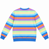 A long-sleeve crewneck sweatshirt with horizontal rainbow stripes in blue, purple, orange, yellow, green, and light blue, shown from the back on a white background.