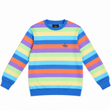 A long-sleeve crewneck sweatshirt with horizontal rainbow stripes in blue, purple, yellow, orange, and green, featuring a small black The AG logo on the left chest and solid blue ribbed cuffs, collar, and hem.